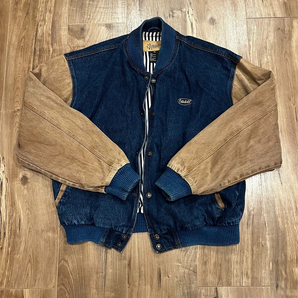 Vintage 90s Denim‎ Bomber Jacket Mens Size XL Snaps Embroidered Peterbilt